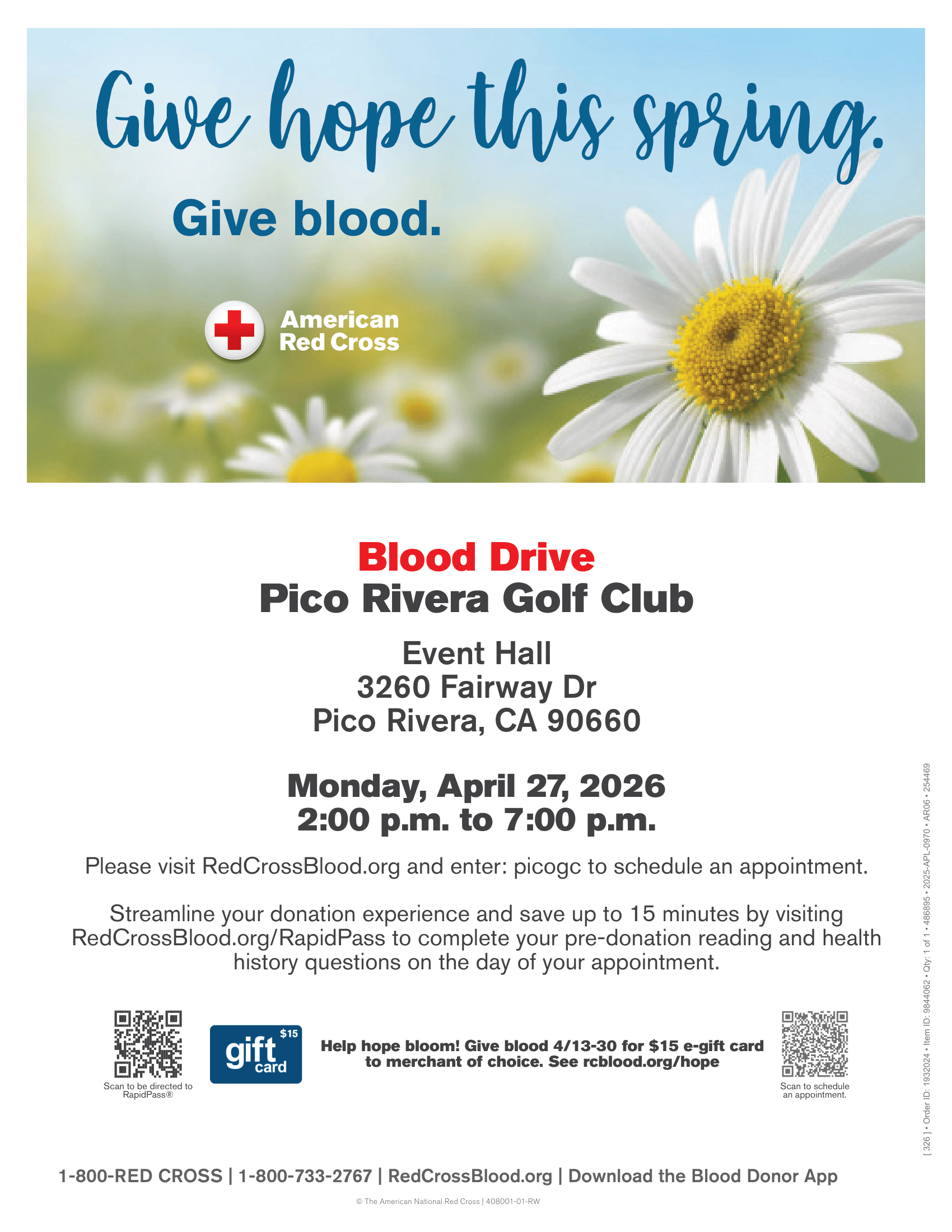 blood drive on 4/27 from 2pm - 7pm